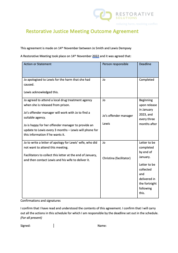 Outcome Agreement Example